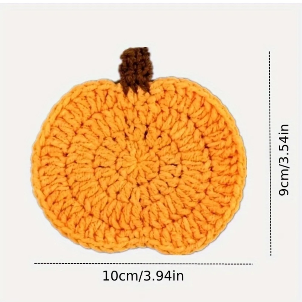 4 Pc Handmade Knitted Pumpkin Shaped Coasters Set New - Picture 6 of 7